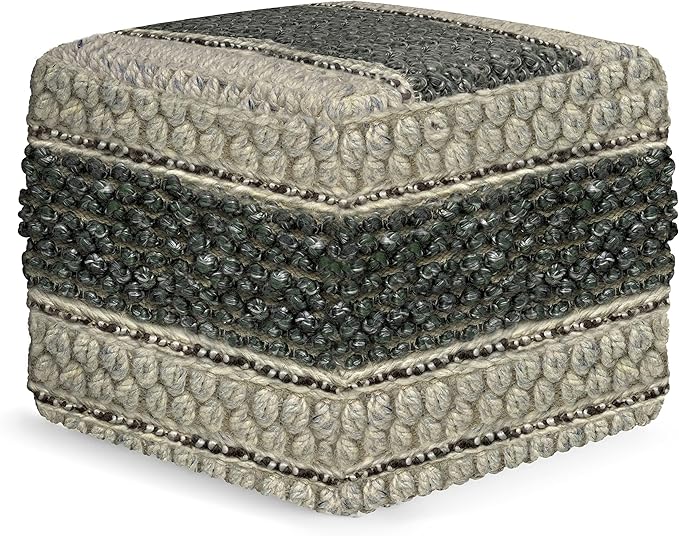 SIMPLIHOME Grady Square Pouf, Footstool, Upholstered in Green, Natural Handloom Woven Wool and Cotton, for the Living Room, Bedroom and Kids Room, Boho, Contemporary, Modern