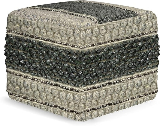 SIMPLIHOME Grady Square Pouf, Footstool, Upholstered in Green, Natural Handloom Woven Wool and Cotton, for the Living Room, Bedroom and Kids Room, Boho, Contemporary, Modern