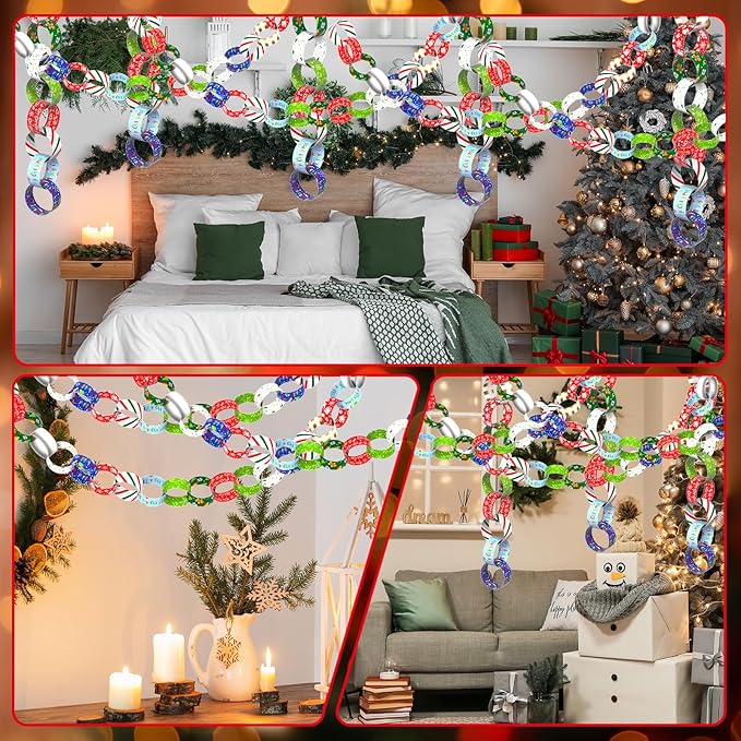CHRORINE 600 Pcs Merry Christmas Pattern Paper Chain for Holiday Themed Party Decorations DIY Crafts Supplies (Christmas Colors, 1 x 7.08 inches)