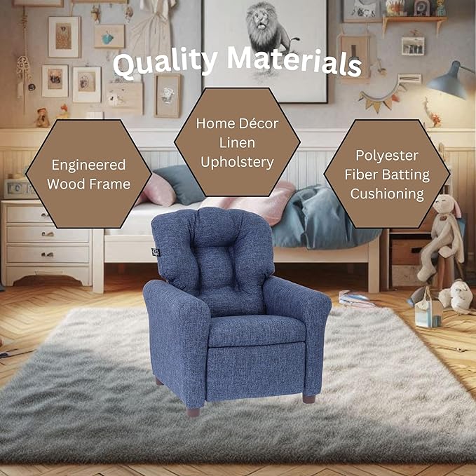 The Crew Furniture Traditional Kids Recliner, Toddler Ages 1-5 Years, Home Décor Polyester Linen, Sapphire