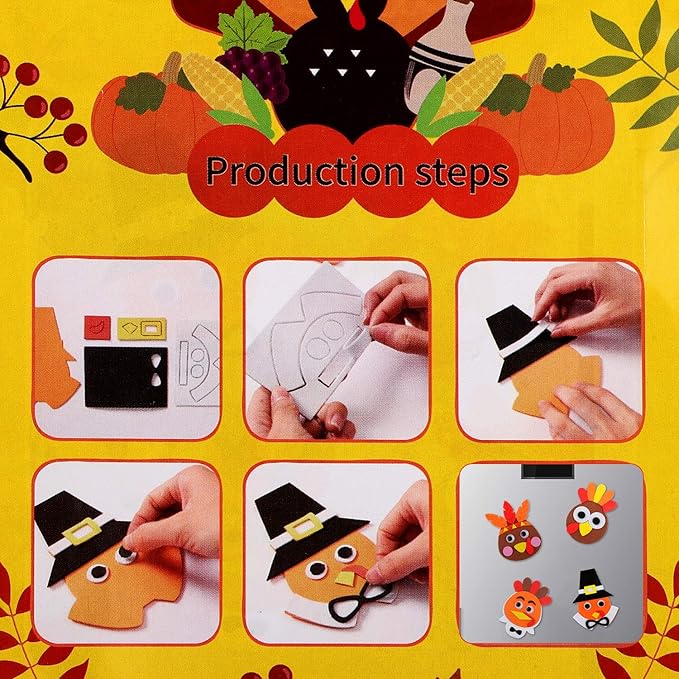 12 Pieces Thanksgiving Turkey Head Magnet Craft Kit Self-Adhesive DIY Turkey Craft Kit Festive Fall Thanksgiving Party Game School Home Activities and Refrigerator Decoration Supplies for Kids Adults