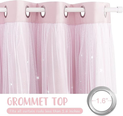NICETOWN Short Curtains for Nursery Bedroom, Double Layer 63 inches Long Moon Star Cutout Girls Ombre Curtains with Sheer Overly for Living Room Nursery, 2 Panels, 42" Wide, Pink