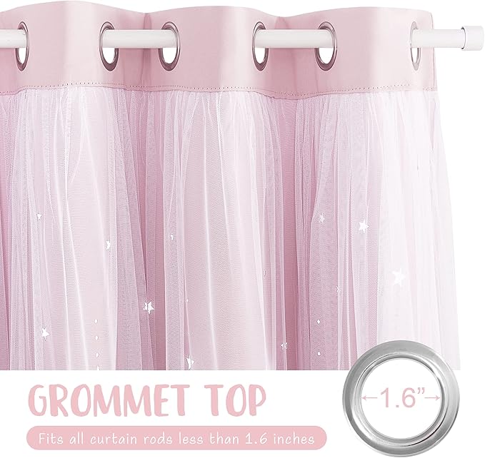 NICETOWN Moon and Stars Cutout Blackout Curtains with White Sheer Voile for Bedroom/Christmas, Grommets Noise Reducing Window Treatment Draped for Grils Room, 1 Pair, 52" Wide x 63" Long, Baby Pink