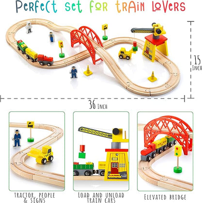 Wooden Train Sets for Boys 2-4-7 – 38 Pcs Wood Train Set for Toddlers w/Crane, Bridge & Wooden Train Tracks – Train Toys for 3 Year Old Boys & Girls – Fits Thomas Brio IKEA Melissa and Doug