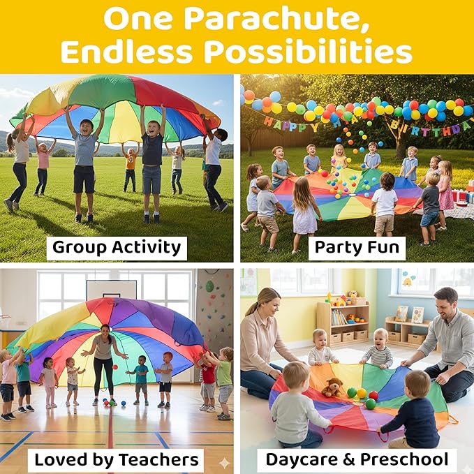 GSi Kids Play Parachute Rainbow Parachute Toy Tent Game for Children Gymnastics Cooperative Play and Outdoor Playground Activities (12 Feet)