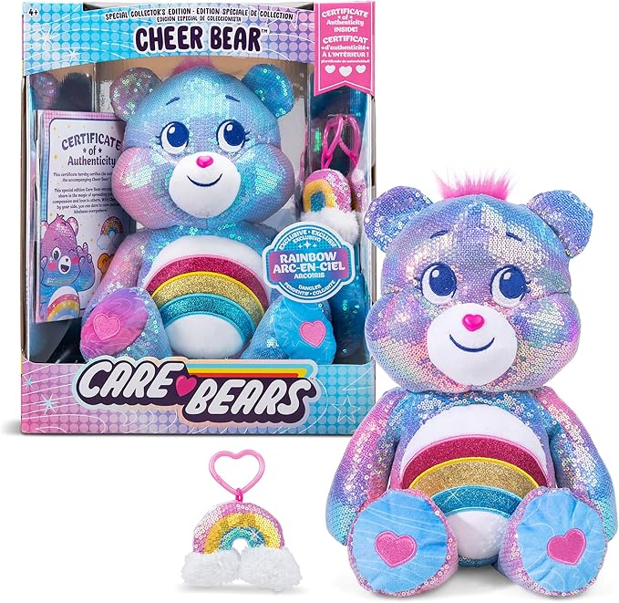 Care Bears Sequin Plush, Cheer Bear Plushie for Ages 4+ Perfect Stuffed Animal, Super Soft and Cuddly – Good for Girls and Boys, Employees, Collectors, Great Valentines Day Gift for Kids
