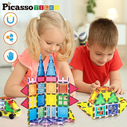 PicassoTiles Magnetic Tiles 101pc Magnet Tile Building Blocks Construction Sensory Toy Set with Storage Carry Case Drawstring Bag STEM Kids Learning Educational Pretend Play Boy Girl Ages 3+ & Up PT06