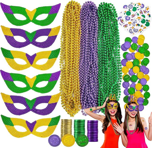 MGparty 168 PCS Mardi Gras Accessories - Masks Beads Necklaces Coins Tattoos Carnival Parade Masquerade Party Decorations Supplies