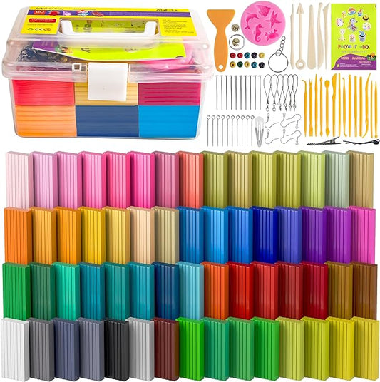 Polymer Clay 60 Colors, Modeling Clay for Kids Oven Baked Model Clay Non-Sticky with Sculpting Tools DIY Starter Kits,and Accessories,Great Clay