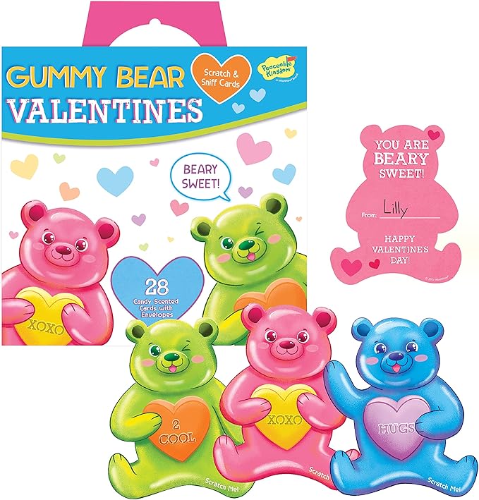Peaceable Kingdom Valentines Cards for Kids Classroom, Set of 28 Valentines Day Gifts - Gummy Bear Scratch and Sniff Scented Candy Heart Valentines