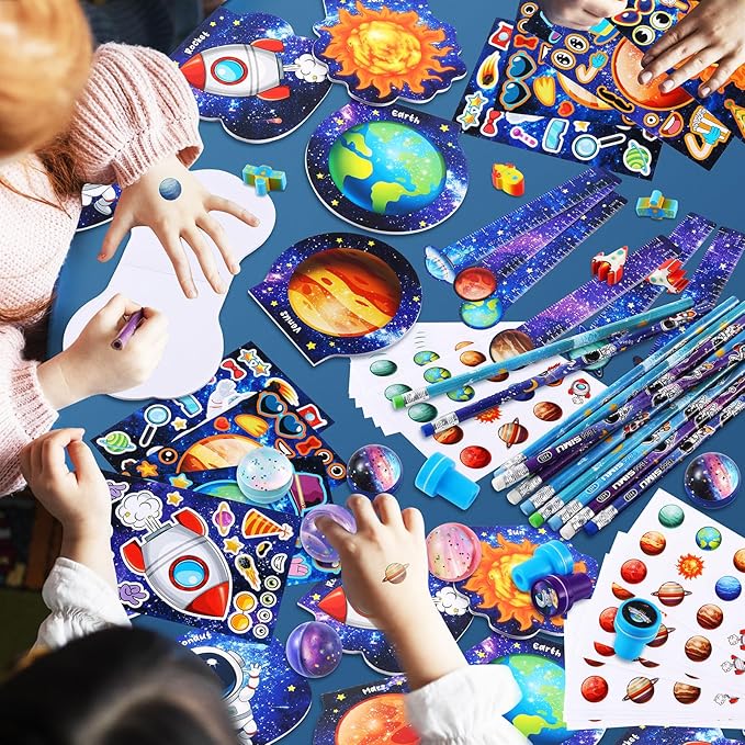 BenLouis 216Pcs Outer Space Themed Party Favors Space Alien Sticker Stampers School Stationery Set Bulk Classroom Prizes for Astronaut Planet Birthday Party Goodie Bags Fillers