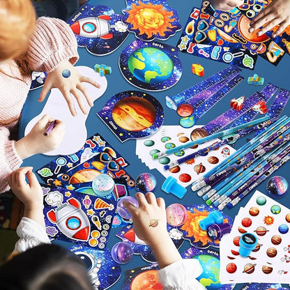 BenLouis 216Pcs Outer Space Themed Party Favors Space Alien Sticker Stampers School Stationery Set Bulk Classroom Prizes for Astronaut Planet Birthday Party Goodie Bags Fillers