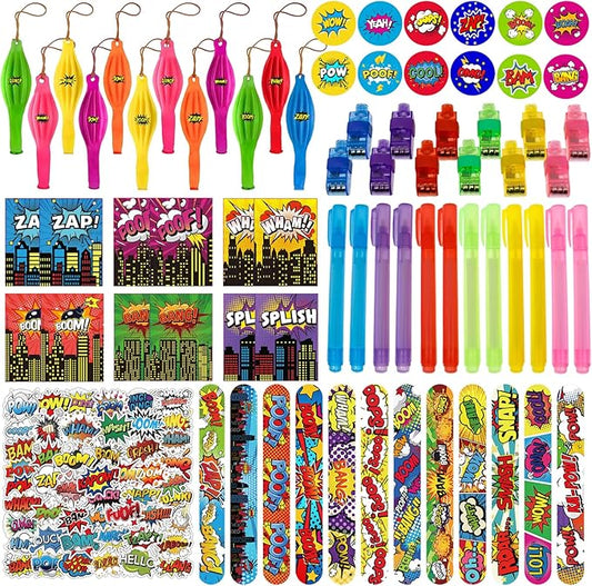 122 Pcs Superhero Party Favors with Slap Bracelets,Punch Balloons,Superhero Stickers,Button Pin Badges,Notepads,Pen,Finger Lights for Superhero Themed Goody Bag Stuffer Class Prize