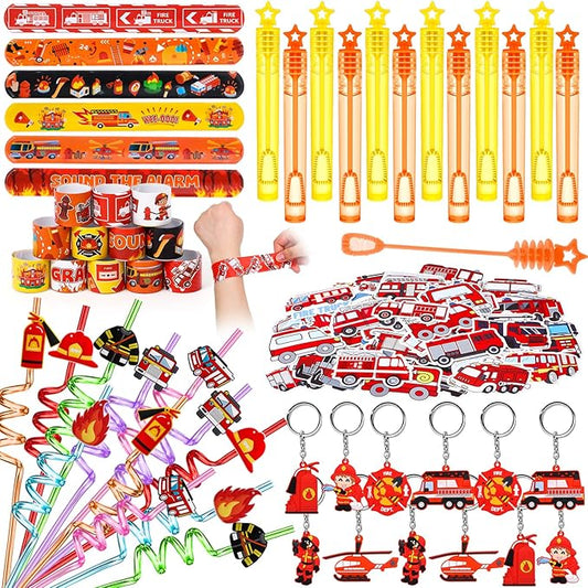 98 Firefighter Party Favors Fire Truck Birthday Supplies Straw Bubble Slap Bracelet Keychain Sticker Kid Boy Toy Accessories Fireman Party Decorations Gift Prize Goodie Bags Stuffers