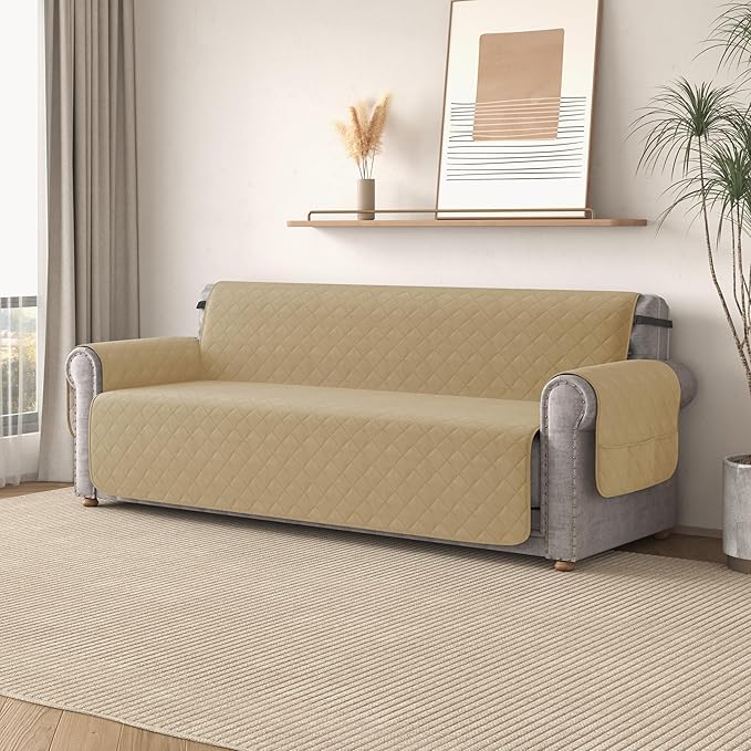 CHUN YI Loveseat Cover, Water Resistant Slipcover for 2 Cushion Couch, Washable Sofa Cover with Adjustable Strap Storage Pocket for Living Room Dog Pet (Loveseat, Khaki)