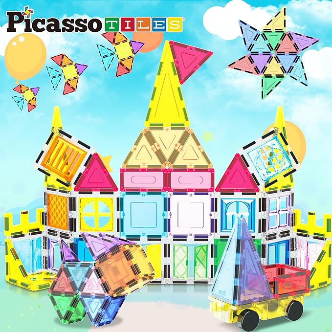 PicassoTiles Magnetic Tiles 61pc Magnet Tile Building Blocks Construction Sensory Toy Set with Storage Carry Case Drawstring Bag STEM Kids Learning Educational Pretend Play Boy Girl Ages 3+ & Up PT05