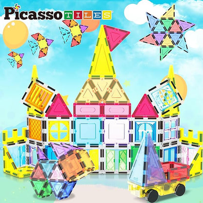 PicassoTiles Magnetic Tiles 61pc Magnet Tile Building Blocks Construction Sensory Toy Set with Storage Carry Case Drawstring Bag STEM Kids Learning Educational Pretend Play Boy Girl Ages 3+ & Up PT05
