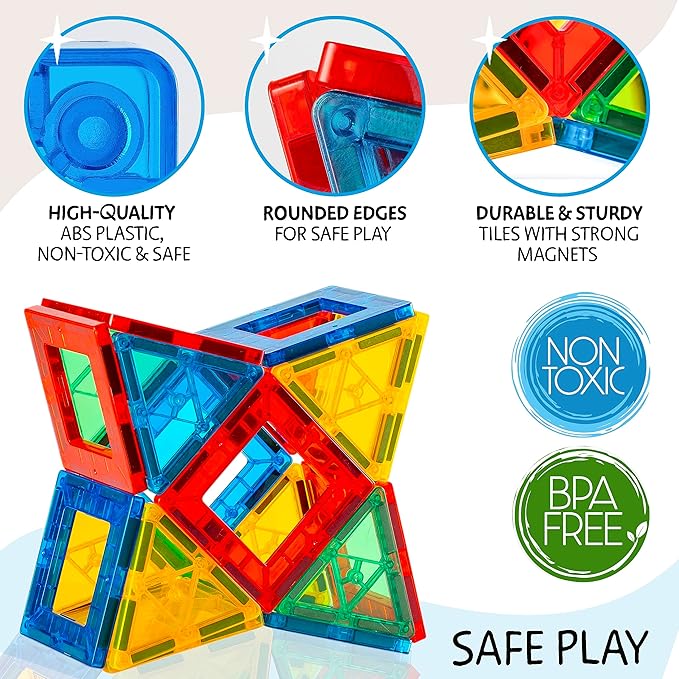 Magnetic Tiles 180 PCS+ Bonus Zippered CASE, Magnetic Tiles for Kids Toy for 3 4 5 6 7 8 Year Old Boys & Girls, Great Gift for Kids Aged 3-8 - XL Set