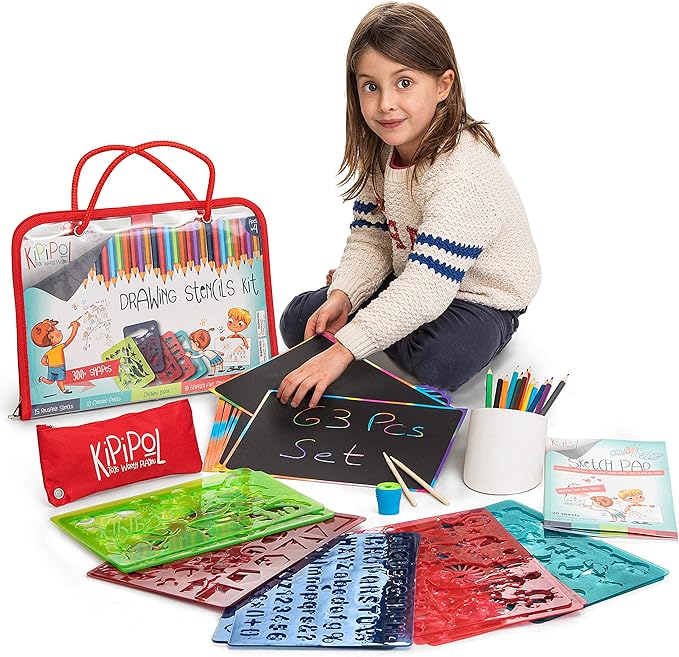 Kipipol 63 Pcs Drawing Stencils for Kids Ages 4-8 - 8-12 and Up - Arts and Crafts for Girls and Boys - Kids Drawing kit - Art Set- 15 Art Stencils, 260+ Designs -Scratch Art- Creativity Gifts & Toys