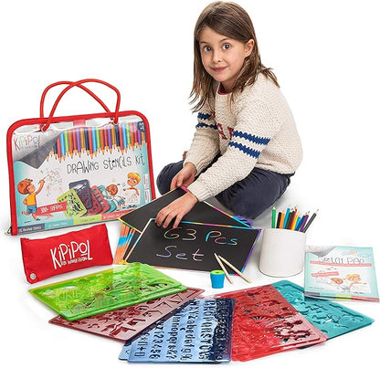 Kipipol 63 Pcs Drawing Stencils for Kids Ages 4-8 - 8-12 and Up - Arts and Crafts for Girls and Boys - Kids Drawing kit - Art Set- 15 Art Stencils, 260+ Designs -Scratch Art- Creativity Gifts & Toys