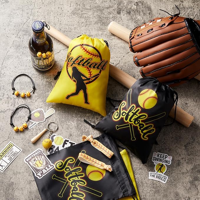 Jenaai 148 Pcs Softball Party Favors Include Softball Drawstring Bags Softball Charm Bracelets Softball Keychain Softball Hair Ties Softball Stickers, Softball Gifts for Women Birthday(Classic)