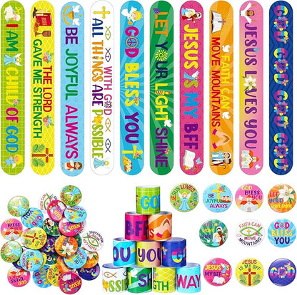 Frienda 60 Pcs Easter Religious Gifts Religious Slap Bracelets with Badges Christian Gifts for Kids Jesus Love You Wristbands Bracelets for Vbs Sunday School Supplies Birthday Party Favors(God)