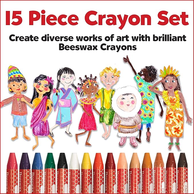 Faber Castell World Colors Beeswax Crayons - 15 Count, 9 Traditional and 6 Skin Color Crayons - Multicultural Crayons for Kids