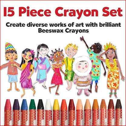 Faber Castell World Colors Beeswax Crayons - 15 Count, 9 Traditional and 6 Skin Color Crayons - Multicultural Crayons for Kids
