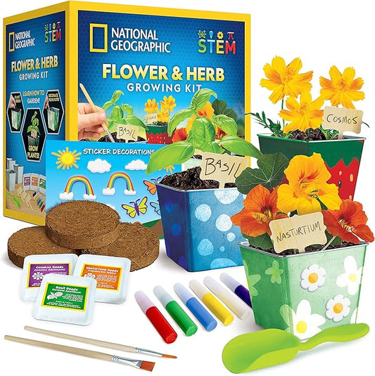 National Geographic Flower & Herb Gardening Kit for Kids - Kids Gardening Set with 3 Stainless Steel Pots, Paint & Stickers, Outdoor Toys, Craft Kits, Kids Plant Growing Kit (Amazon Exclusive)