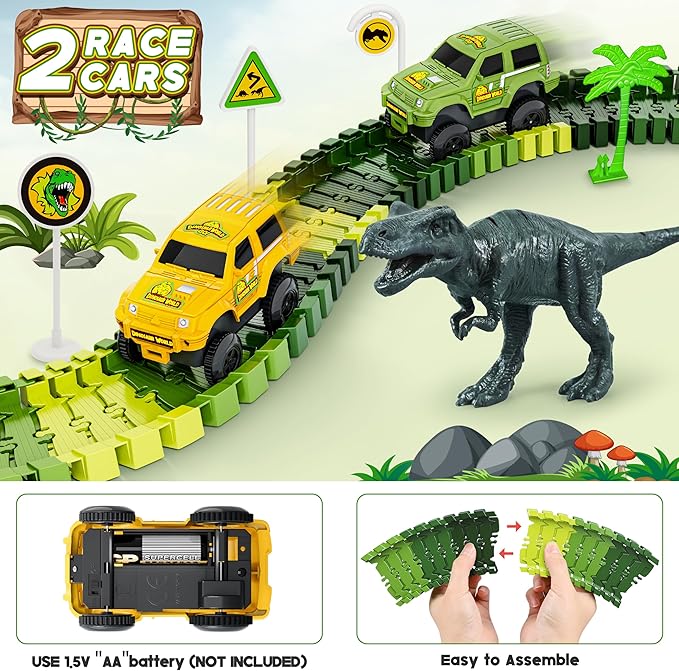Dinosaur Tracks, 271 PCS Create A Dinosaur World Road Race for Kids Boys Toys Flexible Train Tracks Set with 2 Cool Race Cars and 2 Dinosaur Toys for Age 3 4 5 6 7 8 Year & Up Old Boy Girls Best Gift