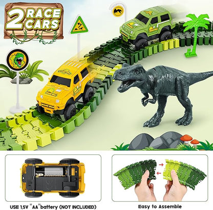 Dinosaur Tracks, 271 PCS Create A Dinosaur World Road Race for Kids Boys Toys Flexible Train Tracks Set with 2 Cool Race Cars and 2 Dinosaur Toys for Age 3 4 5 6 7 8 Year & Up Old Boy Girls Best Gift