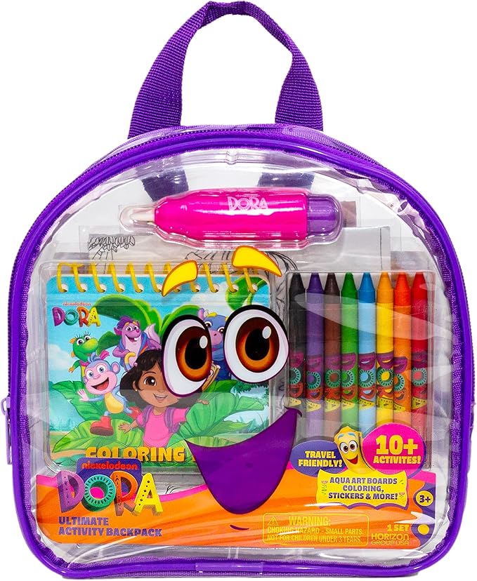 Horizon Group USA Dora Ultimate Activity Backpack, 10+ Creative Projects in a Reusable Bag, Less-Mess Toddler Toys, Road Trip Essentials for Kids, Great Airplane Toy, Dora Purple