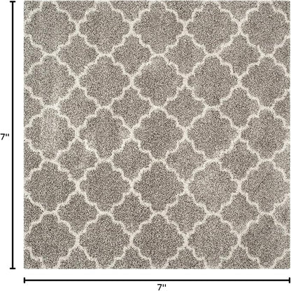SAFAVIEH Hudson Shag Collection 7' Square Grey/Ivory SGH282B Moroccan Trellis Non-Shedding Living Room Bedroom Dining Room Entryway Plush 2-inch Thick Area Rug