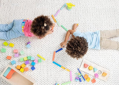 LOVEVERY | The Block Set | Solid Wood Building Blocks and Shapes + Wooden Storage Box, 70 Pieces, 18 Colors, 20+ Activities, Toddler Block Set and Converts into a Pull Car, Ages 12 to 48+ months