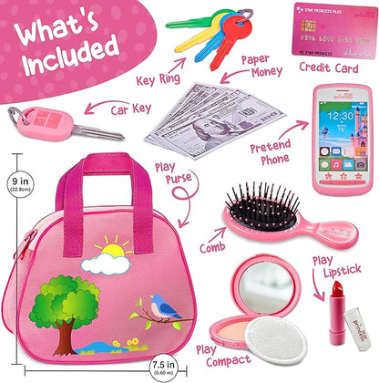 Toddler Play Purse for Kids with Accessories, Toys for Girls with Pretend Makeup, Keys, Smartphone, Dress Up Toy Purse for Toddlers and Kids - Birthday Gift for Little Toddler Girls Ages 3 4 5 6, Pink