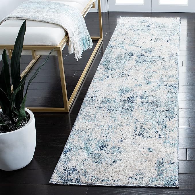 SAFAVIEH Aston Collection Runner Rug - 2' x 8', Ivory & Blue, Modern Abstract Design, Non-Shedding & Easy Care, Ideal for High Traffic Areas in Living Room, Bedroom (ASN710M)