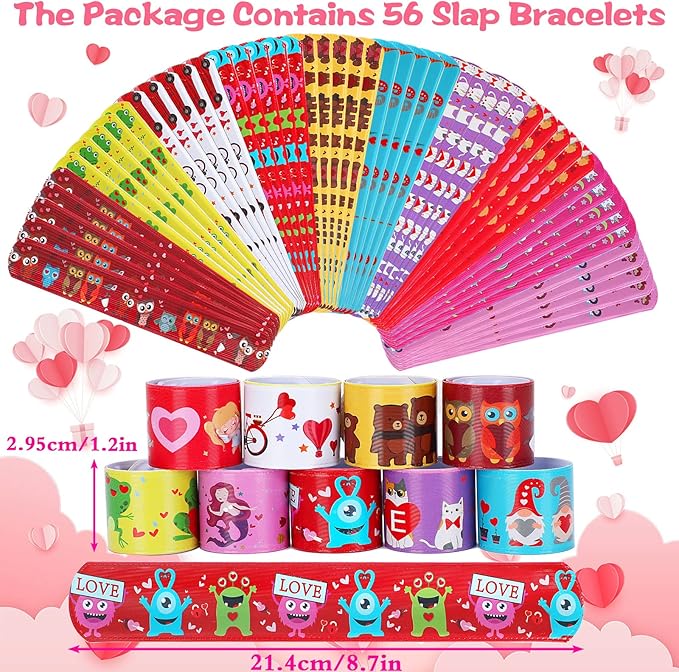 JUNEBRUSHS 56 Pack Valentines Slap Bracelets, Valentines Day Party Favors for Kids Valentines Slap Bands Wristbands Snap Bracelets Bulk for Boys Girls Birthday Gifts Party Supplies