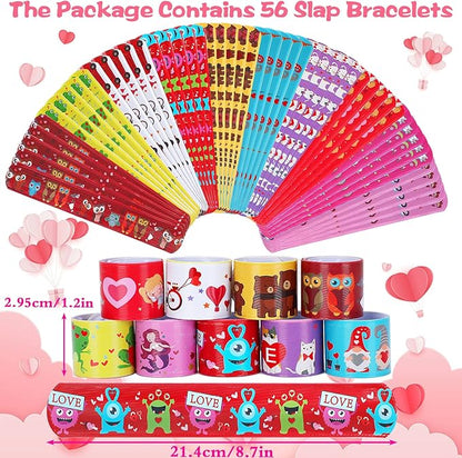 JUNEBRUSHS 56 Pack Valentines Slap Bracelets, Valentines Day Party Favors for Kids Valentines Slap Bands Wristbands Snap Bracelets Bulk for Boys Girls Birthday Gifts Party Supplies