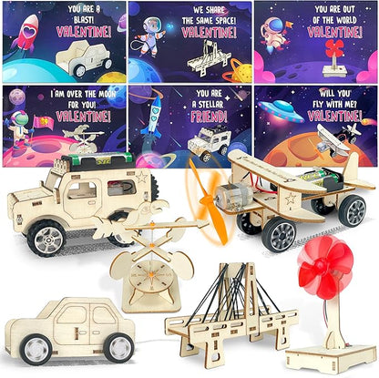 LINAYE Valentines Cards for Kids Classroom with Stem Kits, 24 Packs Valentines Day Gifts for Kids Class, Valentines Day Exchange Gifts for Boys Classroom Class, Valentines Party Favors for Kids Classroom School