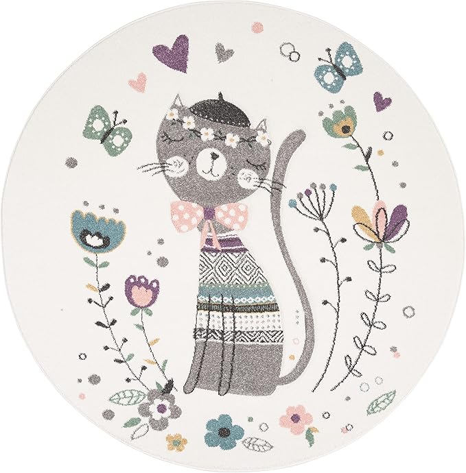 SAFAVIEH Carousel Kids Collection 3' Round Ivory/Pink CRK187A Parisian Floral Cat Non-Shedding Playroom Nursery Bedroom Area Rug