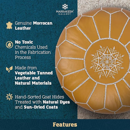 Marrakesh Gallery Genuine Leather Round Pouf Unstuffed - Moroccan Ottoman Footstool, Footrest Cover - Boho Decor - Bohemian Living Room, Bedroom, Kids Room, Gift & Wedding