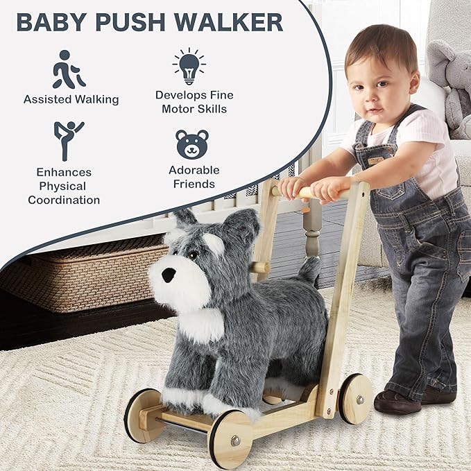Rock My Baby Wooden Baby Walker, 2-in-1 Baby Push Walker & Ride On Toy for Toddlers 12M+, Learning to Walk Toy with Sweet Music, Soft Cuddly Dog Toy for Boys Girls (Schnauzer Dog) CPC Certified