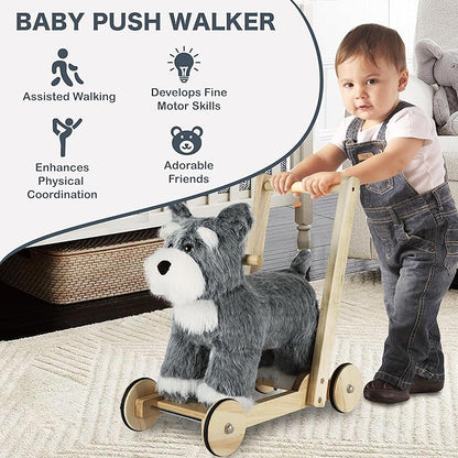 Rock My Baby Wooden Baby Walker, 2-in-1 Baby Push Walker & Ride On Toy for Toddlers 12M+, Learning to Walk Toy with Sweet Music, Soft Cuddly Dog Toy for Boys Girls (Schnauzer Dog) CPC Certified