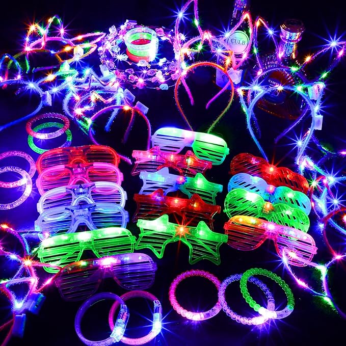 ADXCO 60 Pieces Glow in the Dark Party Supplies Neon Party Favor LED Light Up Party Favors with Flashing Glasses Flower Headband Crown Bracelets Rabbit Cat Ear Headband for Neon Party