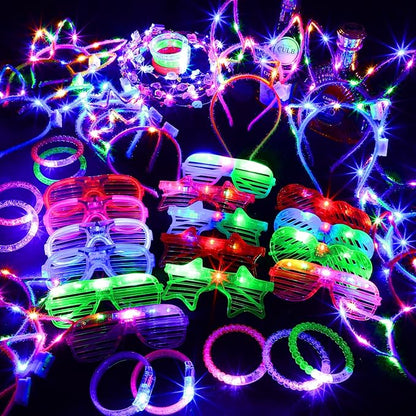 ADXCO 60 Pieces Glow in the Dark Party Supplies Neon Party Favor LED Light Up Party Favors with Flashing Glasses Flower Headband Crown Bracelets Rabbit Cat Ear Headband for Neon Party