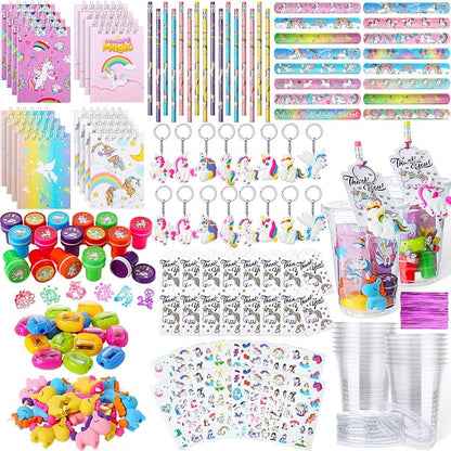 Colarr 161 Pcs Unicorn Party Favor Unicorn School Stationery Set Includes Gift Cup Notebook Pencil Sharpener Eraser Keychain Stamp Slap Bracelet Sticker Card for Unicorn Supplies