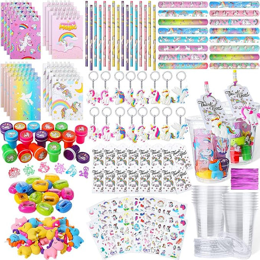 Colarr 161 Pcs Unicorn Party Favor Unicorn School Stationery Set Includes Gift Cup Notebook Pencil Sharpener Eraser Keychain Stamp Slap Bracelet Sticker Card for Unicorn Supplies