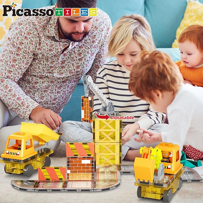 PicassoTiles Magnet Tile Construction Themed Building Blocks 5-in-1 Crane, Ladder, Dump Truck, Excavator, and Backhoe Action Figures, 2 Car Base Vehicles Magnetic Tiles Learning Toys Kids Ages3+ PTU06