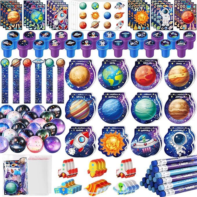 BenLouis 216Pcs Outer Space Themed Party Favors Space Alien Sticker Stampers School Stationery Set Bulk Classroom Prizes for Astronaut Planet Birthday Party Goodie Bags Fillers