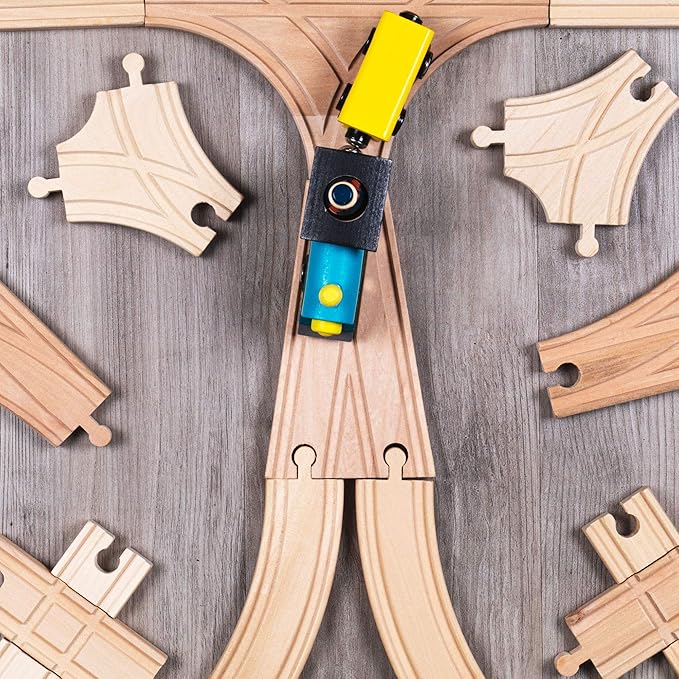 Switch Track Wooden Train Set (18 pcs.) - 8 Way Turntable Rail Station Accessory, Curved Switch Tracks, Basic and Advanced Pieces - Expansion Compatible with All Major Classic Toy Train Hobby Brands